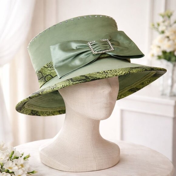 Lisa Rene Green Church Hat VTG Satin Wide Brim Derby Statement Fashion Headpiece main image 11